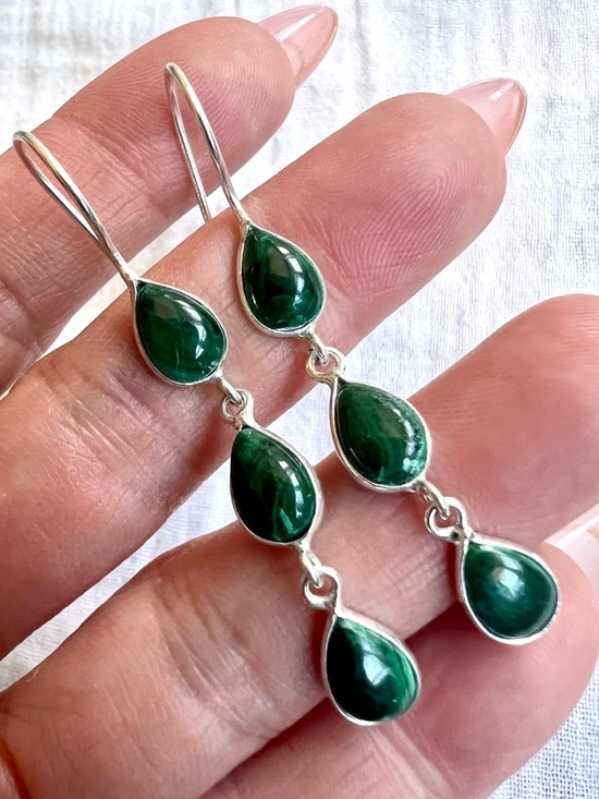 Jewelry - 925 Malachite 3 Stone Dangle Earrings